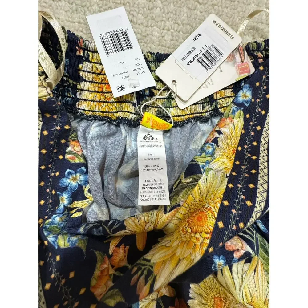NWT Agua Bendita Floral A-Line Smocked Flounce Mini Skirt Floral Boho Size Large